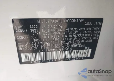 2020 Subaru Ascent Touring z USA, uszkodzony, nr VIN 4S4WMARD7L3438314